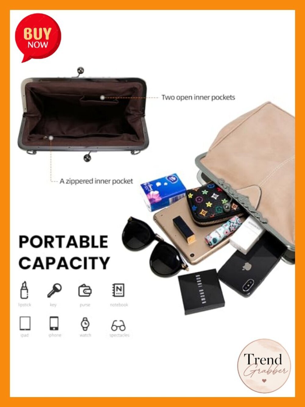 Vintage Kiss Lock Satchel - Faux Leather Crossbody Bag for Women, Evening Clutch - Picture 4 of 5